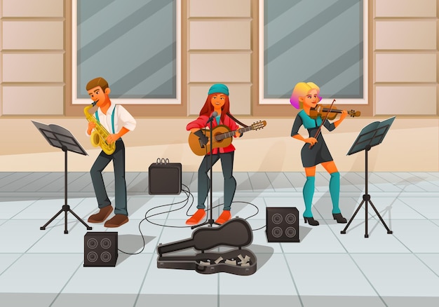 Gratis vector straatartiest, muzikant, danser, cartoon, compositie, met, straat, bestrating, landschap, en, musici, spelend, muziekinstrumenten, vector, illustration