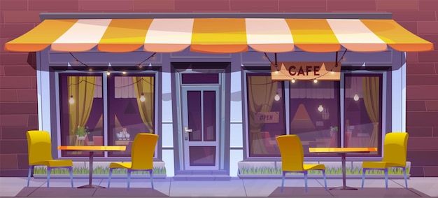 Gratis vector straatcafé gebouw buiten terras buitenkant vectorillustratie buiten stad restaurant tafel en stoel in de buurt van toegangsdeur met open teken panorama achtergrond stedelijke cafetaria met gele tent