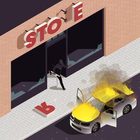 Straatgeweld isometrisch concept met brandende auto en vandaal die tv uit winkel halen met gebroken ramen vectorillustratie