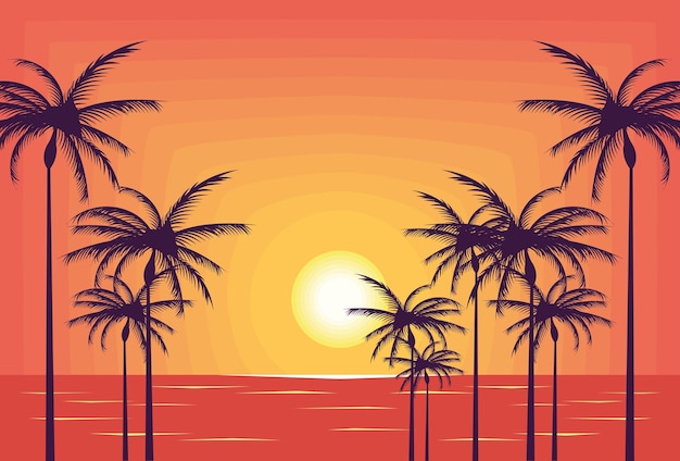 Gratis vector strand zeegezicht zonsondergang met palmen