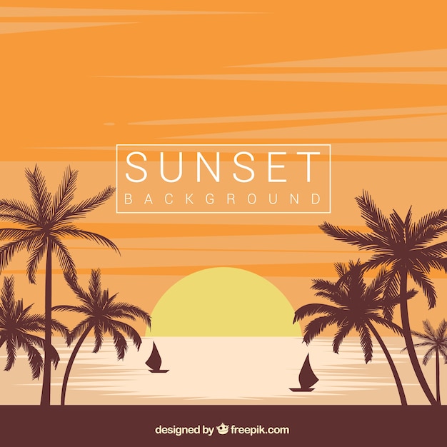Gratis vector strand zonsondergang achtergrond met palmen