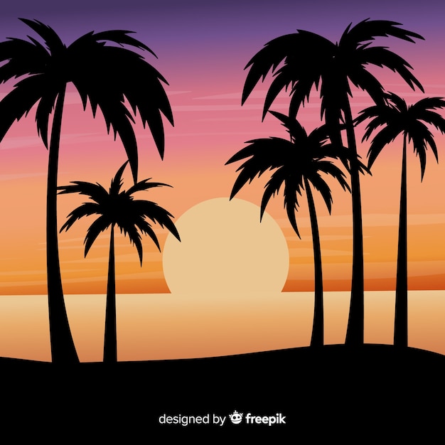 Gratis vector strandzonsondergang met palmsilhouetten