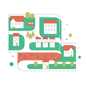 Stratenplan van kleine stad in dunne lijn plat ontwerp