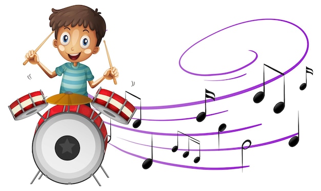 Stripfiguur van een jongen die drumt met muzikale melodiesymbolen
