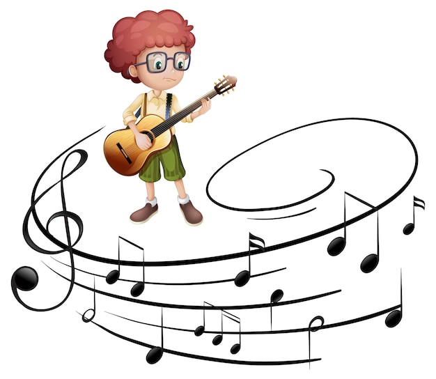 Gratis vector stripfiguur van een jongen die gitaar speelt met melodiesymbolen