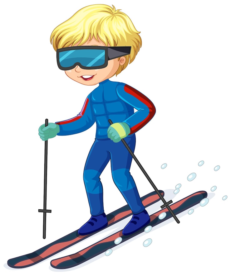 Gratis Vector stripfiguur van een jongen ski rijden op wit