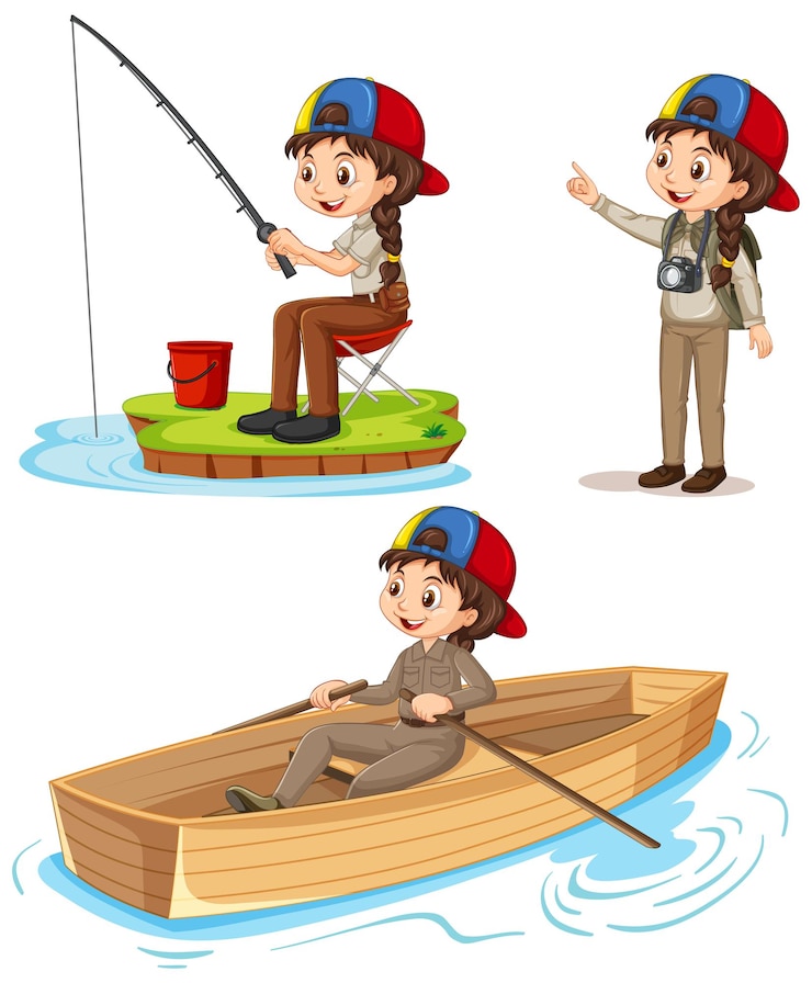 Gratis Vector stripfiguur van een meisje in kampeeruitrustingen die verschillende activiteiten doen