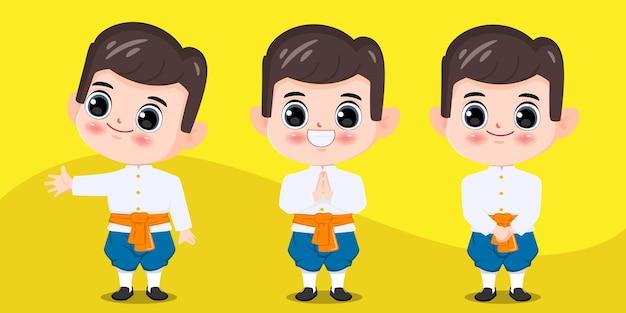 Stripfiguur van traditionele thaise jongen in namaste poses cartoon vector illustratie tekening