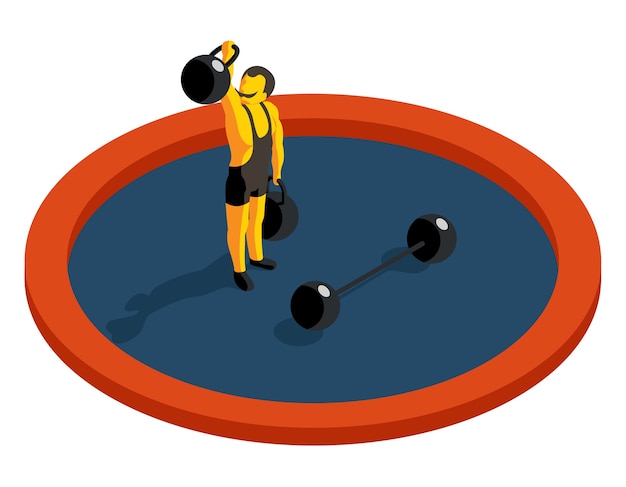 Gratis vector strongman tilgewicht. platte 3d isometrische vector. kracht gespierd, sport en barbell, artiest man, gewichtheffen atleet illustratie