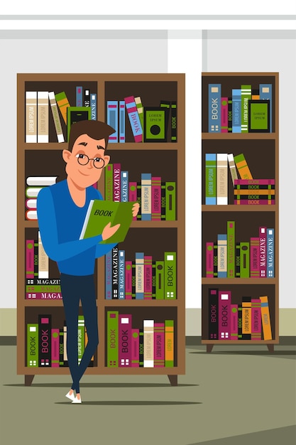 Gratis vector student in bibliotheek slimme universiteitsstudent die leerboek houdt jonge glimlachende tiener in glazen die boek bestuderen