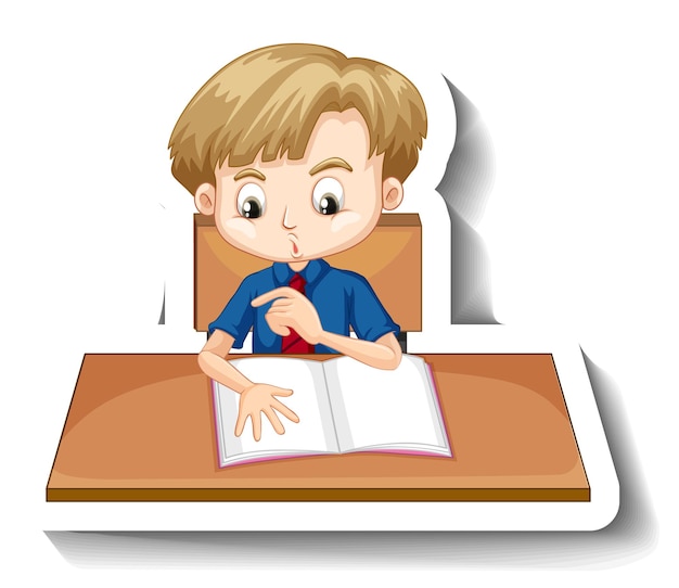 Gratis vector student jongen met school tafel cartoon