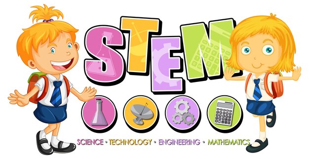 Student kids stripfiguur met STEM onderwijs logo