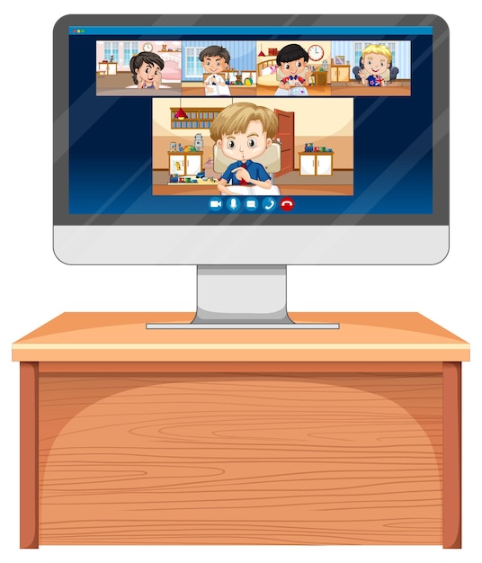 Gratis vector student videochat online scherm op computerscherm op wit