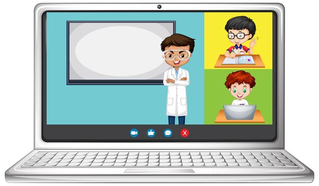 Student videochat online scherm op laptop op witte achtergrond