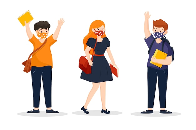 Gratis vector studenten dragen gezichtsmaskers