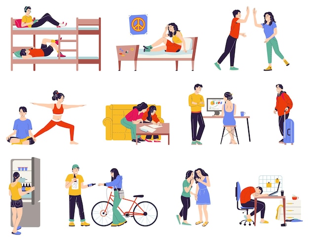 Studentenslaapzaal set met studie- en samenwerkingssymbolen vlak geïsoleerde vectorillustratie