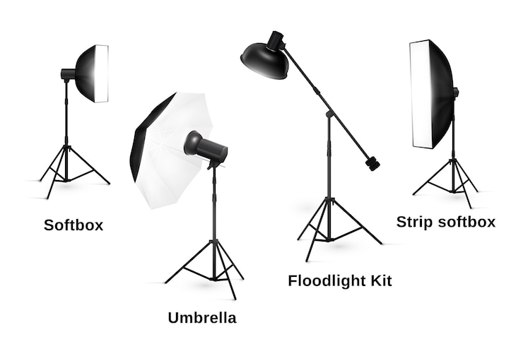 Gratis Vector studio verlichtingsapparatuur geïsoleerd. spotlight en lamp, flitser en professionele fotografische technologie