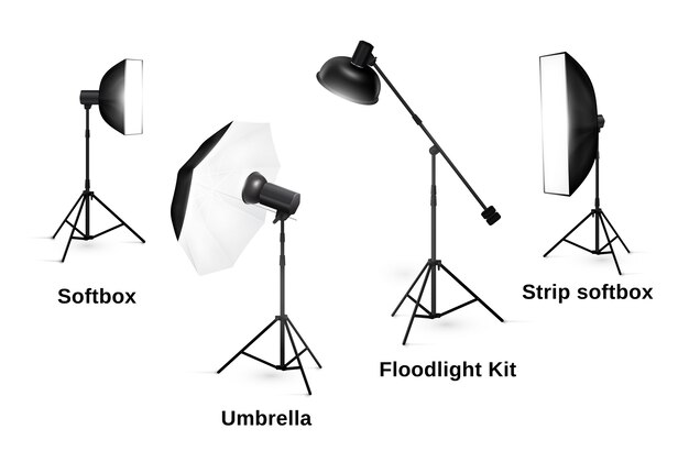 Studio verlichtingsapparatuur geïsoleerd. Spotlight en lamp, flitser en professionele fotografische technologie