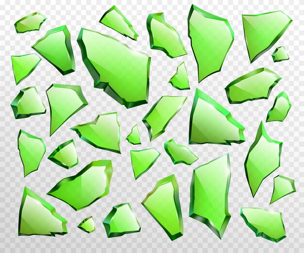 Stukken van gebroken groene glas realistische vector