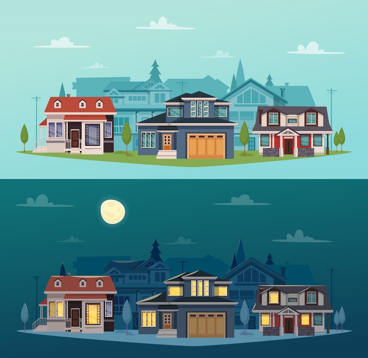 Gratis Vector suburban huisvest horizontale banners met kleurrijke plattelandshuisjes