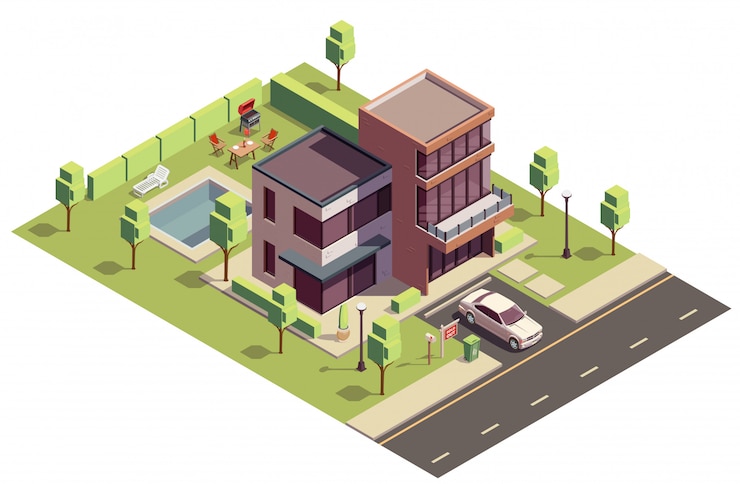 Gratis Vector suburbiaanse gebouwen isometrische samenstelling met bovenaanzicht van privé woongebouw met auto en zwembad in de achtertuin