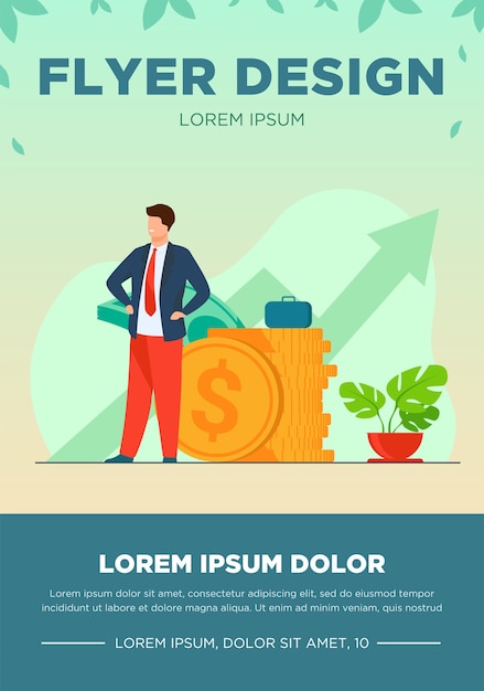 Gratis vector succesvolle ondernemer of investeerder die stapel geld en groeigrafiek voorstelt. zakenman in pak permanent tegen contant geld. vectorillustratie voor financieel succes, economie, handel flyer-sjabloon