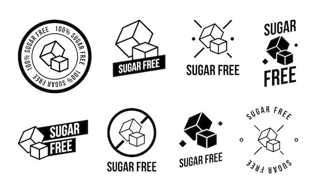 Suikervrije voedingsmiddelen icons set. verschillende zwart-witte ontwerpen, kunnen worden gebruikt als stempels, zegels, insignes, voor verpakkingen enz. vectorillustratie