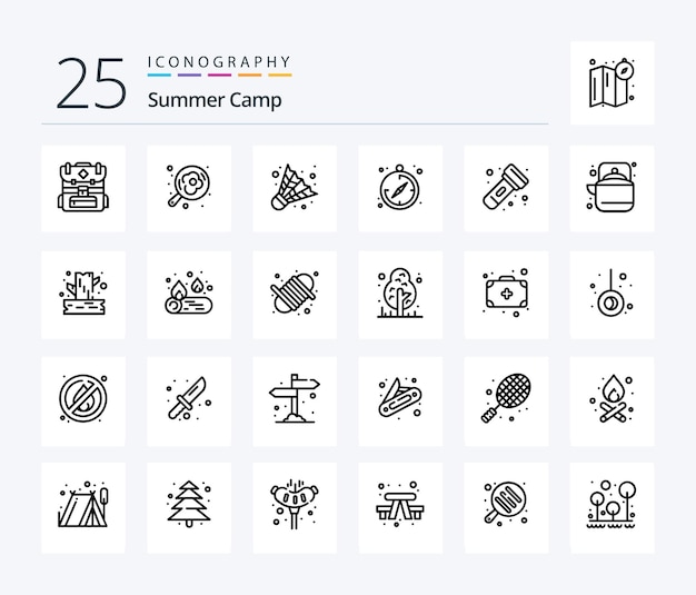 Gratis vector summer camp 25 line icon pack inclusief campinglicht camping zaklamp gids