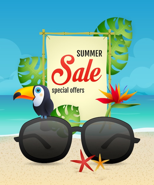 Summer sale-belettering met toekan en zonnebril