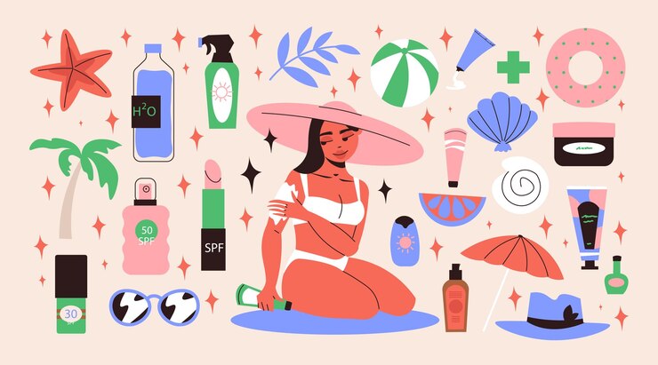 Gratis Vector sunblockg vlakke pictogrammen instellen met vrouw in bikini appying zonnebrandcrème product geïsoleerde vector illustratie