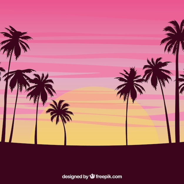 Gratis vector sunset achtergrond met palmbomen