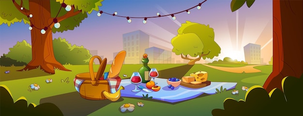 Gratis vector sunset park met picknick mand cartoon achtergrond lunch met fruit op mat setup zonnige scène romantische buitenmaaltijd met krans en wikker doos bloemen op gras bij boom in het voorjaar natuur panorama