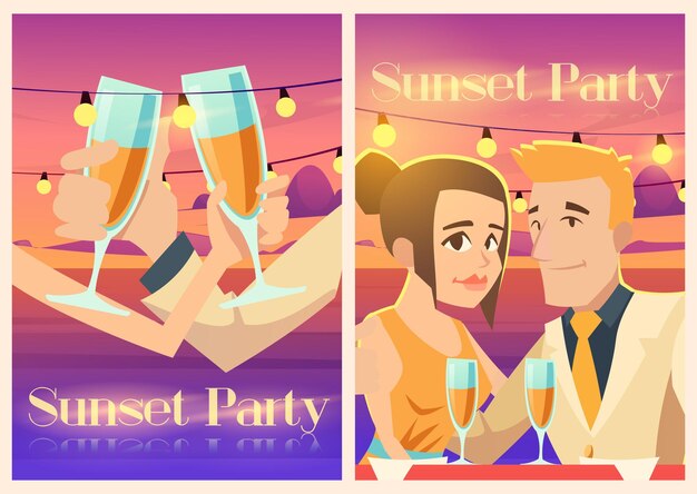 Sunset party poster met gelukkig stel aan de zeekust