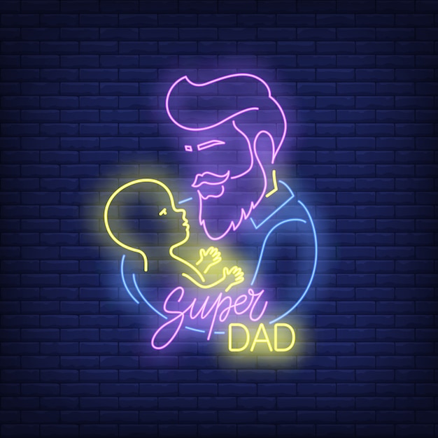 Super papa-neontekst en vader met kind