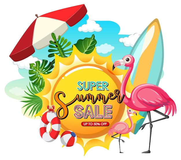 Super summer sale-banner met geïsoleerde zomerelementen