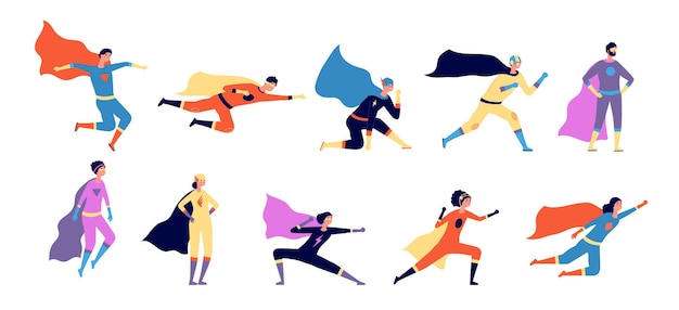 Superheld karakters. actieve held, vliegende man vrouw in actie. cartoon power pose, platte mensen dragen festival kostuum helm volslagen vector set