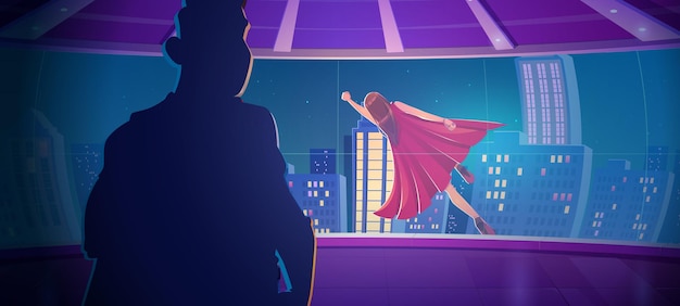 Superheldenvrouw vliegt buiten panoramisch raam