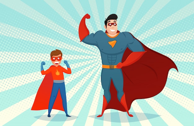 Gratis vector superheroes van de mens en van de jongen retro illustratie