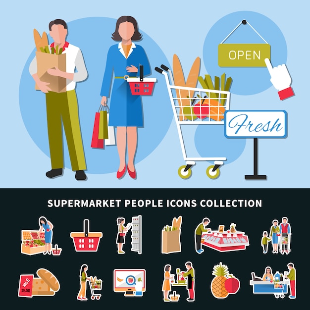 Supermarkt mensen iconen collectie