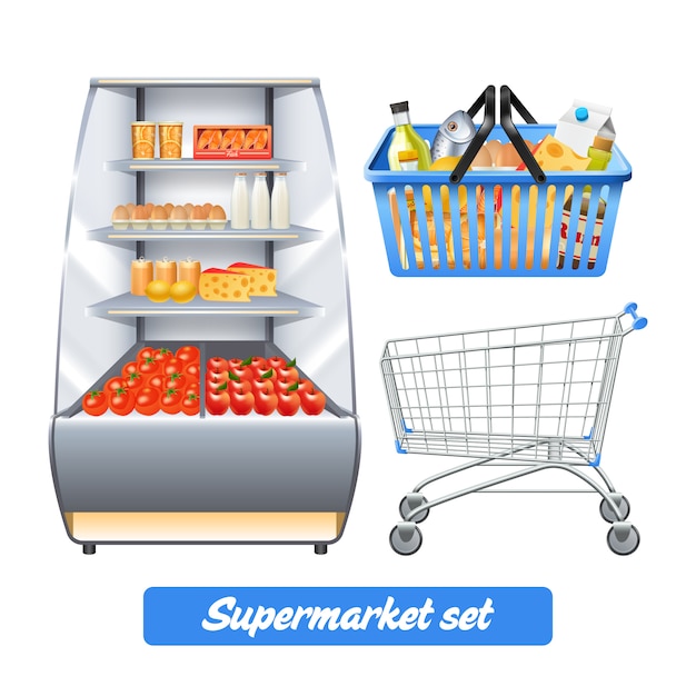 Supermarkt met realistische voedselplanken winkelmandje en lege trolley