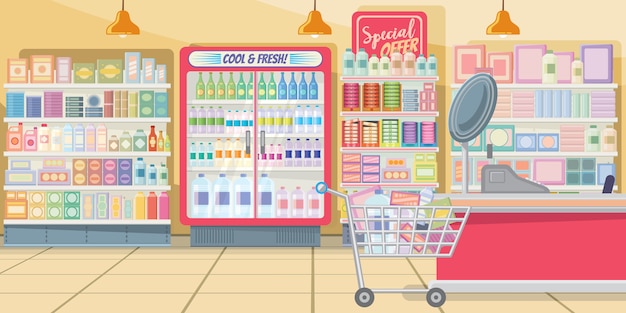 Gratis vector supermarkt met voedsel planken illustratie
