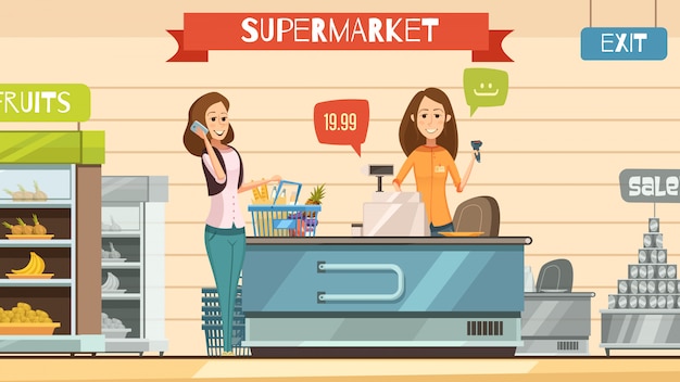 Supermarkt winkel kassier en klant met boodschappenmand