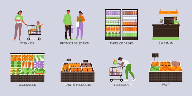 Supermarktcomposities met geïsoleerde iconen van winkelrekken, winkeldisplay, koelkast en mensen met tekstbijschriften vectorillustratie