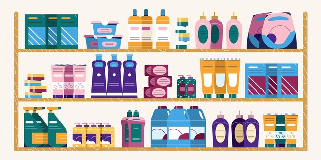 Supermarktrekken met wasmiddelflessen en chemische schoonmaakmiddelen