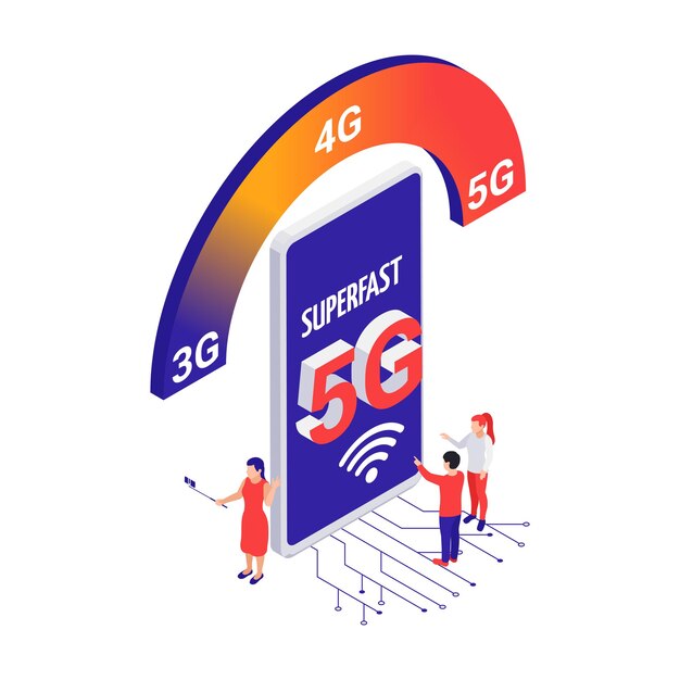 Gratis vector supersnel 5g internetconcept met smartphone en mensen 3d isometrische vectorillustratie