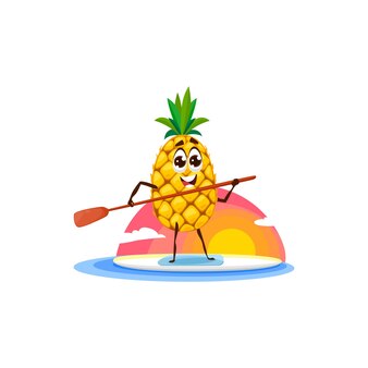 Surfen ananas stripfiguur op surfplank