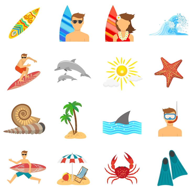 Gratis Vector surfen icons flat set