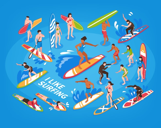 Surfen isometrische blauwe illustratie