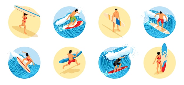 Surfende isometrische ronde samenstellingen met mannelijke en vrouwelijke personen die grote golf op surfplank geïsoleerde vectorillustratie vangen