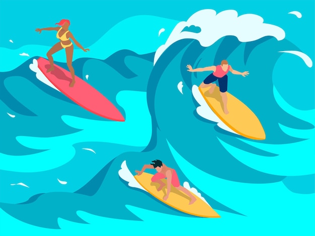 Gratis vector surfers op de golven kleurrijke isometrische illustratie